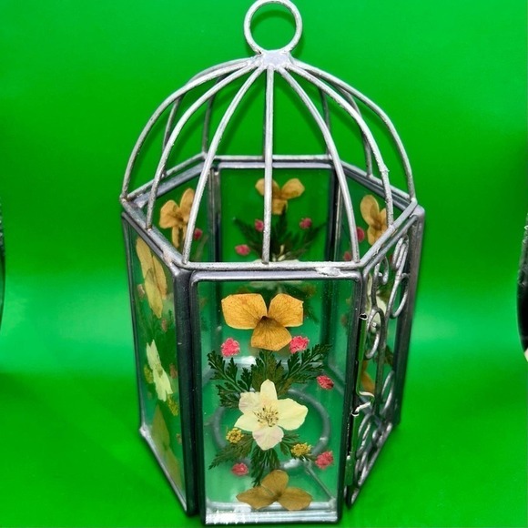Vintage Glass Pressed Flowers Bird Cage Votive Candle Holder - Picture 1 of 7
